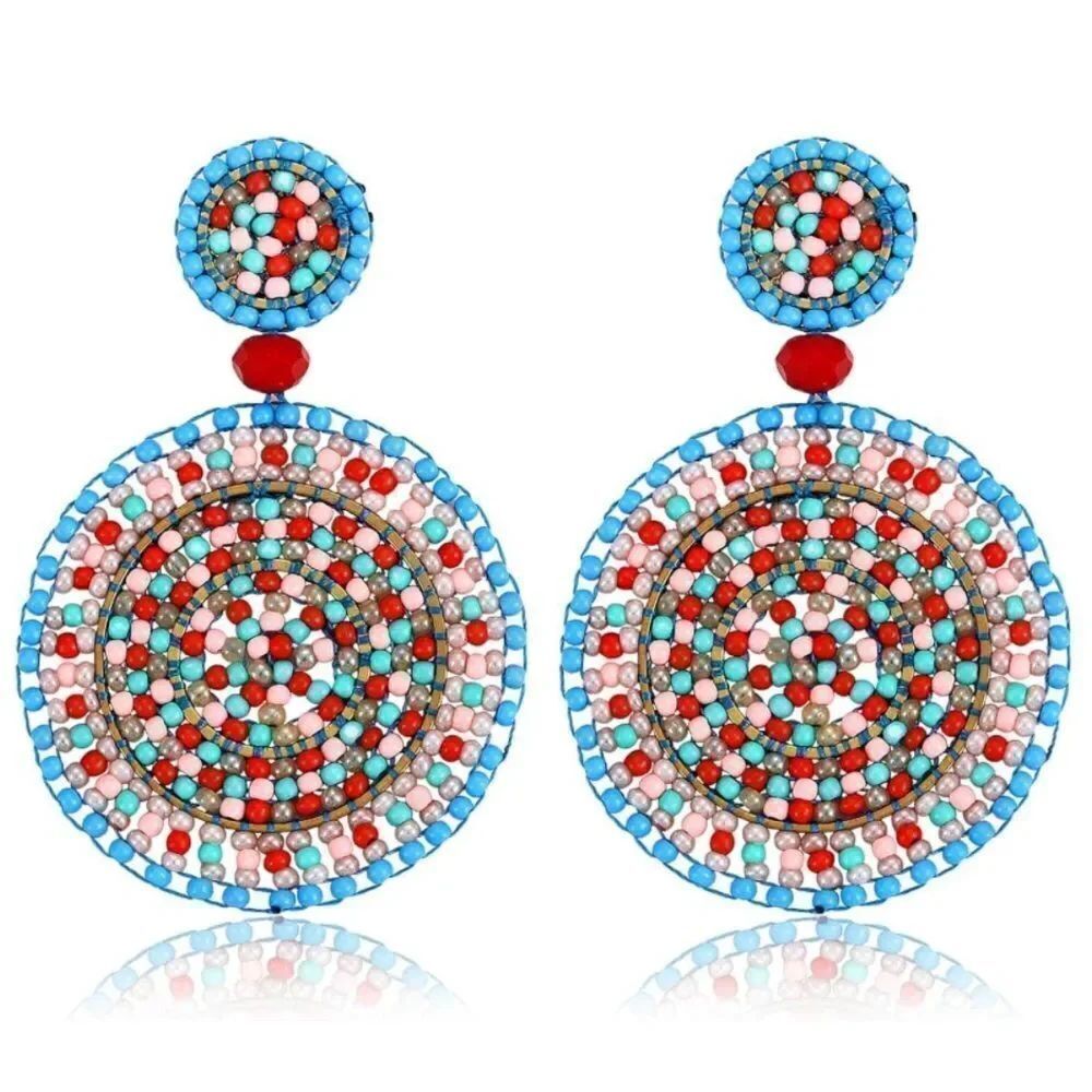 Multicolored Beaded Double Round Disc Boho Drop Statement Post Back Earrings